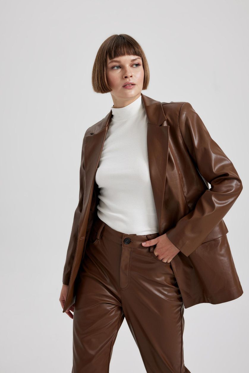 Женщины Коричневый Блейзер из искусственной кожи для женщин