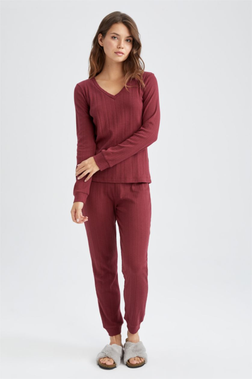 Woman Bordeaux Melange Regular Fit Knitted Bottoms