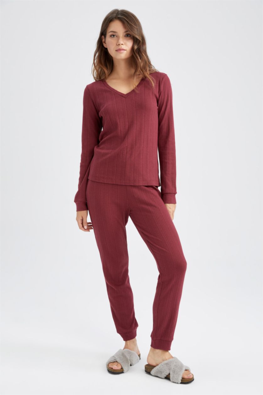 Woman Bordeaux Melange Regular Fit Knitted Bottoms