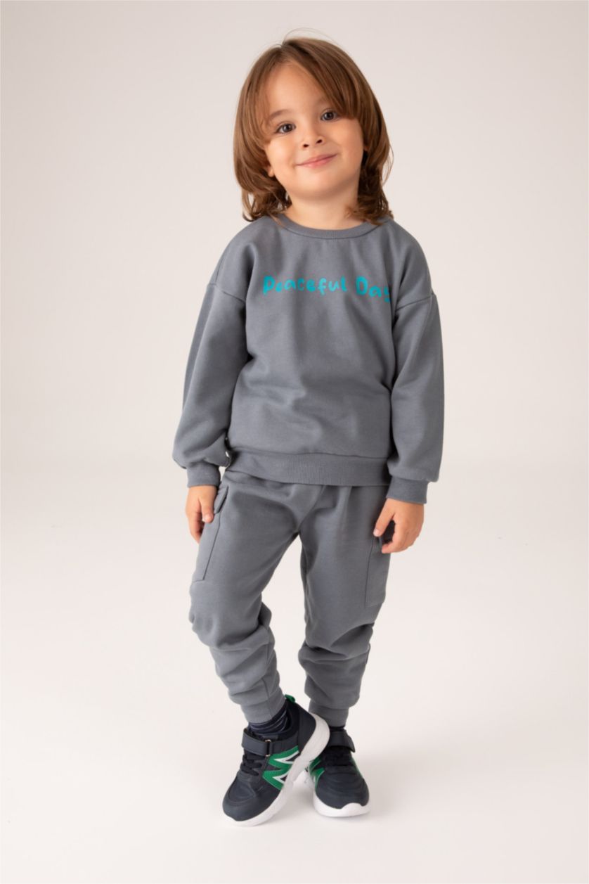 Baby Boy Grey 2 piece Regular Fit Crew Neck Slogan Set