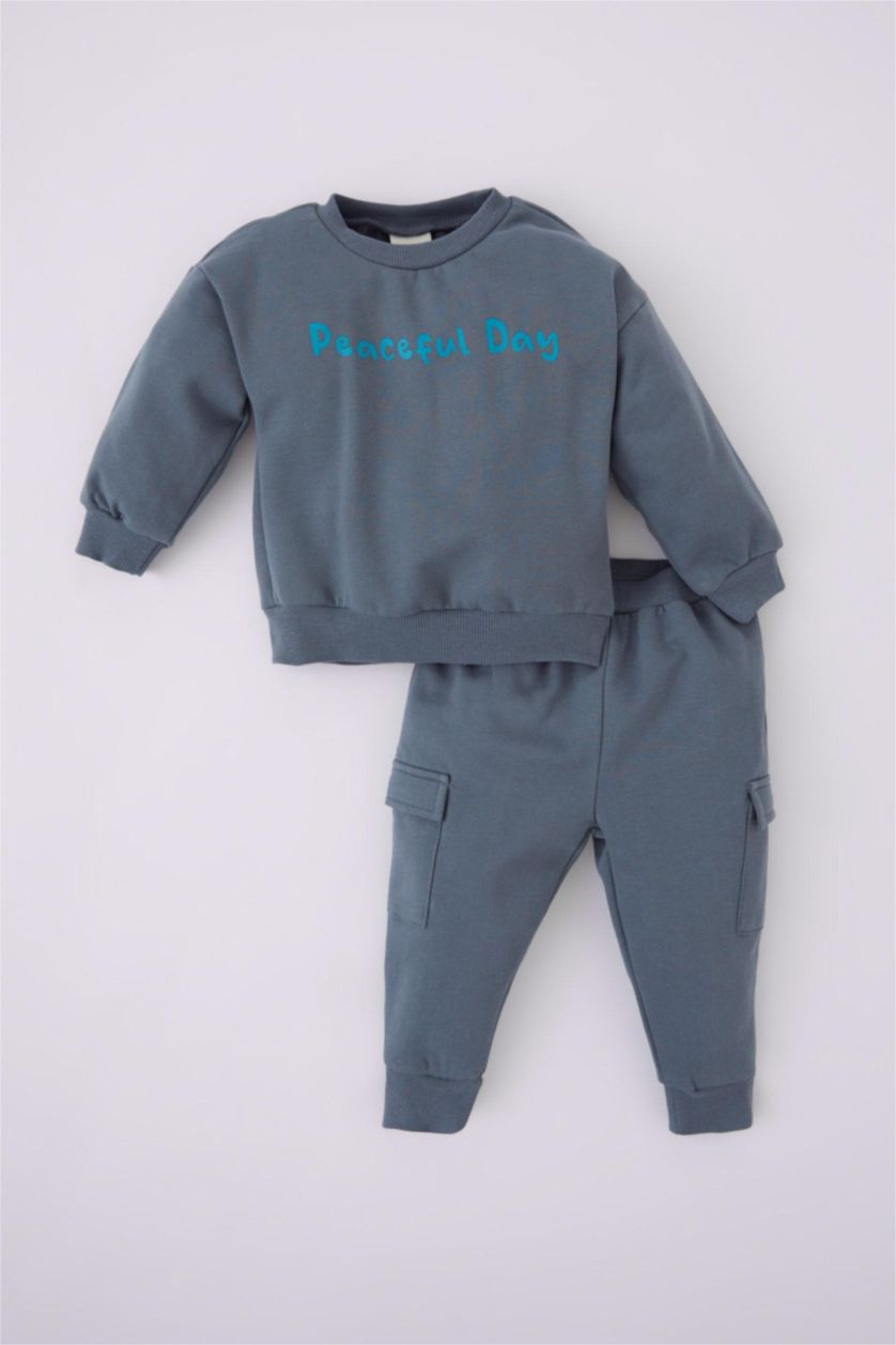 Baby Boy Grey 2 piece Regular Fit Crew Neck Slogan Set