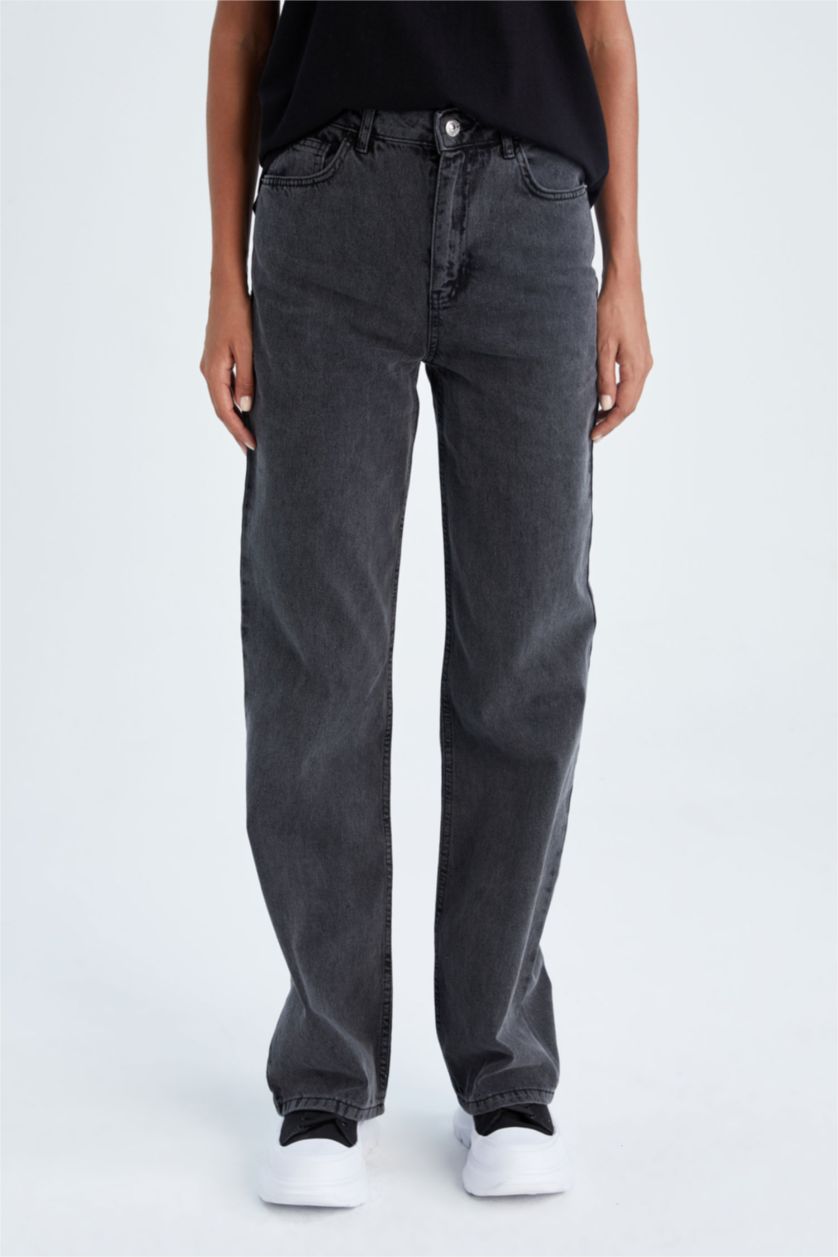 Kadın Siyah Geniş Paça Yüksek Bel Jean %100 Pamuk Pantolon