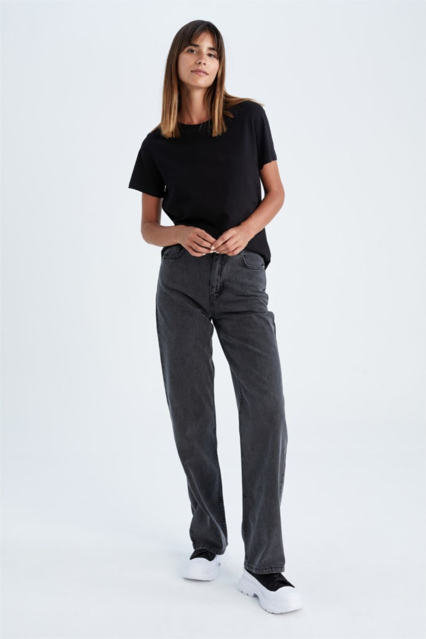 Kadın Siyah Geniş Paça Yüksek Bel Jean %100 Pamuk Pantolon