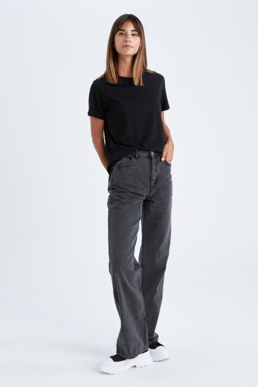 Kadın Siyah Geniş Paça Yüksek Bel Jean %100 Pamuk Pantolon