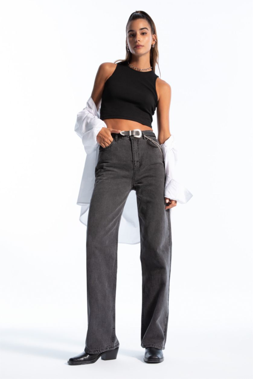 Kadın Siyah Geniş Paça Yüksek Bel Jean %100 Pamuk Pantolon