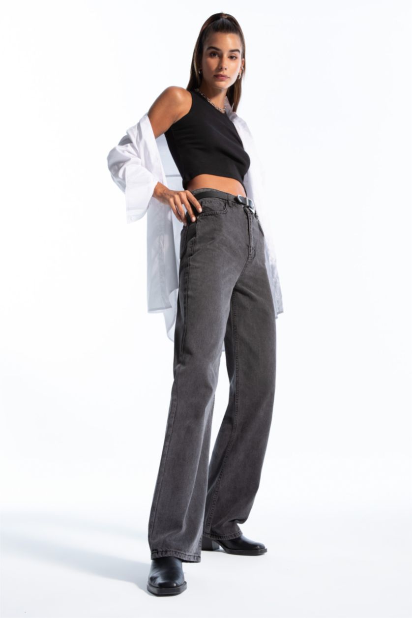 Kadın Siyah Geniş Paça Yüksek Bel Jean %100 Pamuk Pantolon