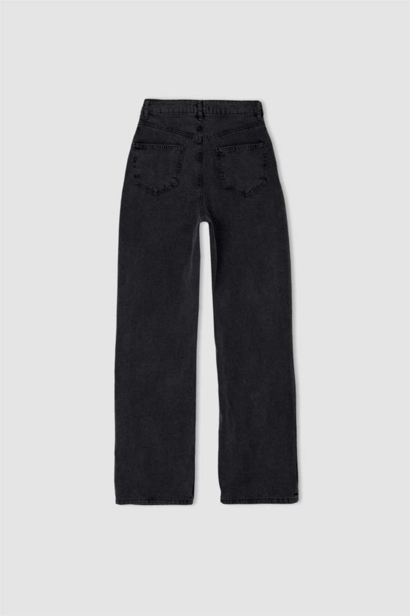 Kadın Siyah Geniş Paça Yüksek Bel Jean %100 Pamuk Pantolon