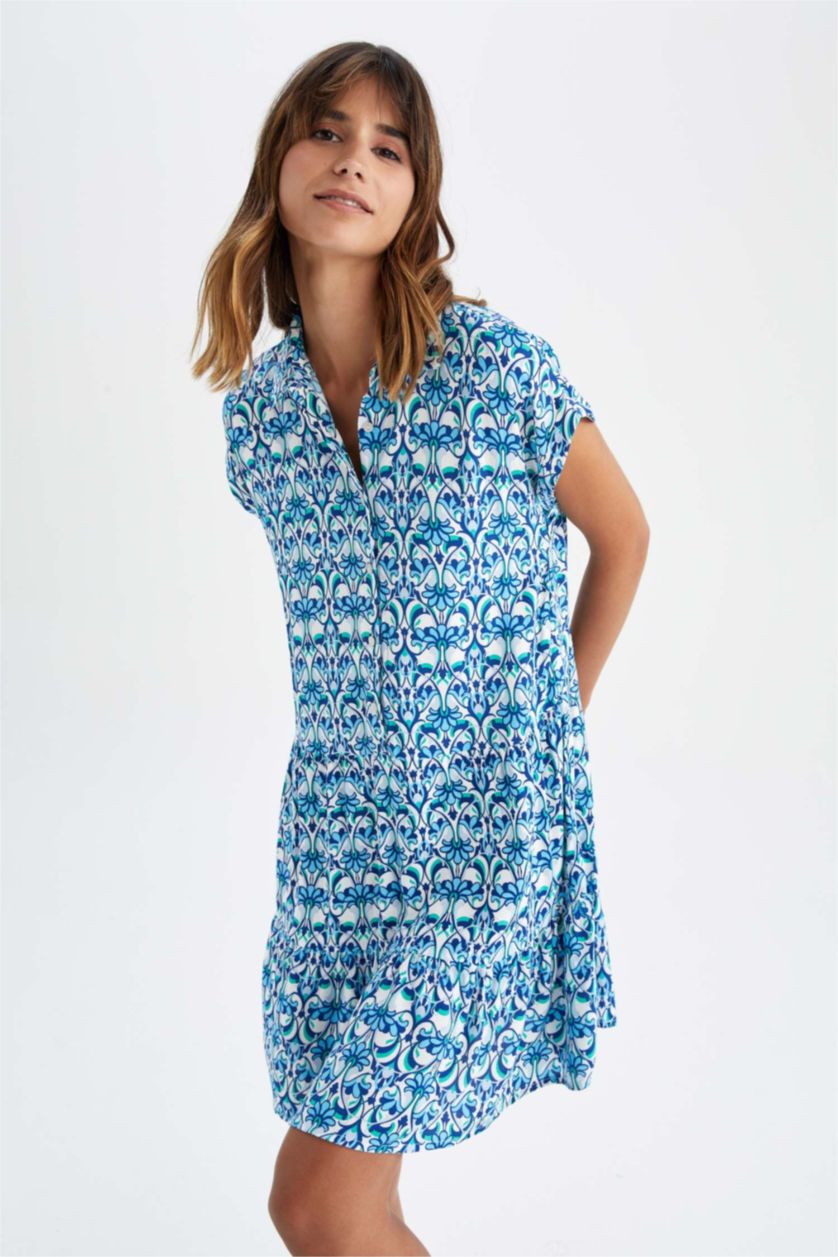 FEMME Bleu Mini robe à col chemise à motifs ethniques