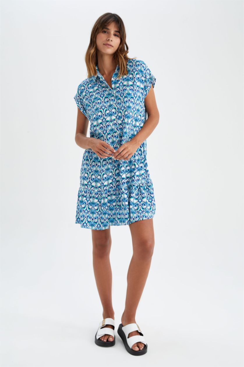 FEMME Bleu Mini robe à col chemise à motifs ethniques