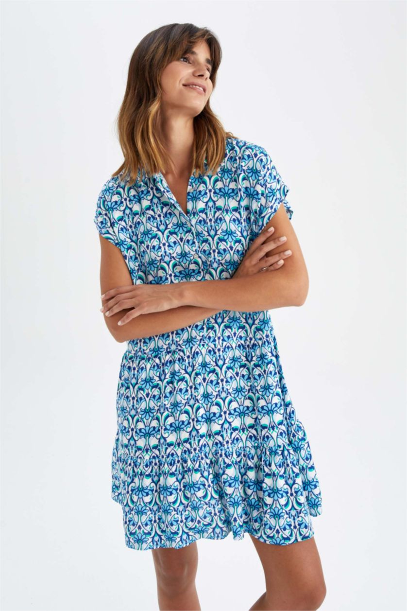 FEMME Bleu Mini robe à col chemise à motifs ethniques