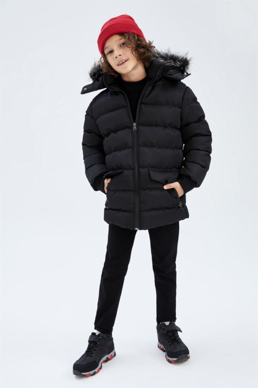 Erkek Çocuk - Genç Erkek Siyah Kapüşonlu Pelüş Astar Parka Erkek Çocuk