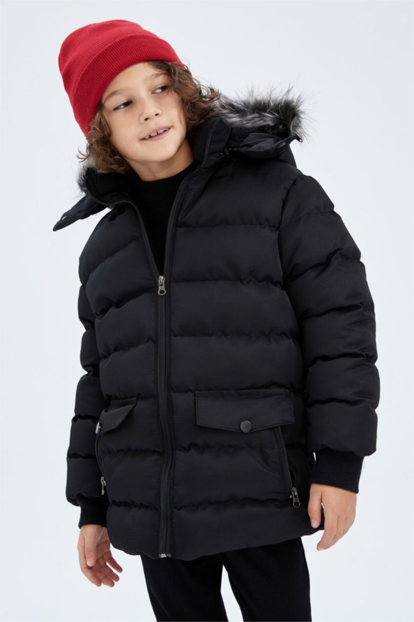 Erkek Çocuk - Genç Erkek Siyah Kapüşonlu Pelüş Astar Parka Erkek Çocuk