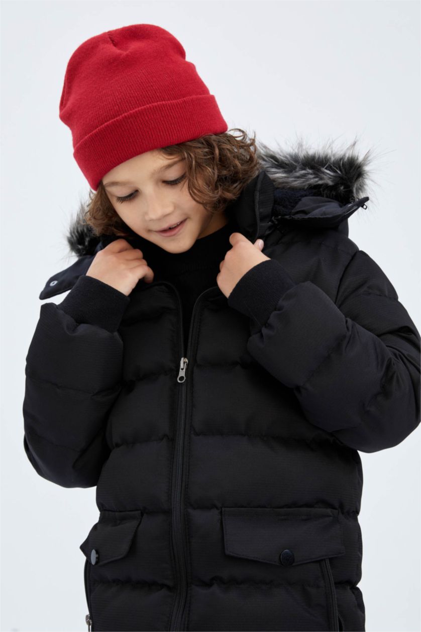 Erkek Çocuk - Genç Erkek Siyah Kapüşonlu Pelüş Astar Parka Erkek Çocuk