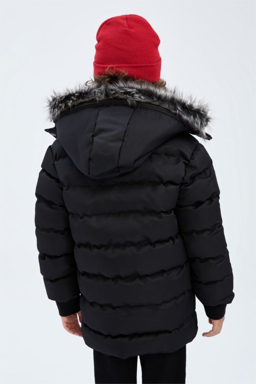 Erkek Çocuk - Genç Erkek Siyah Kapüşonlu Pelüş Astar Parka Erkek Çocuk