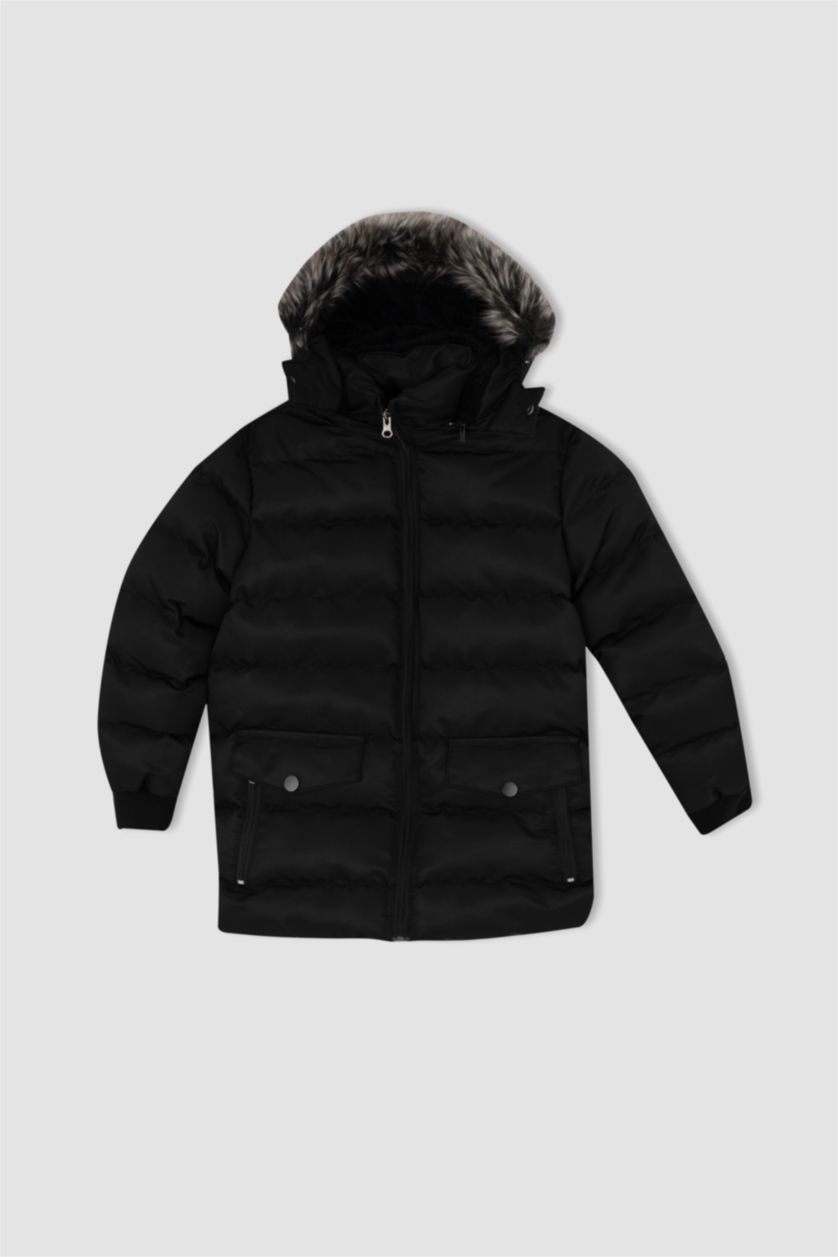 Erkek Çocuk - Genç Erkek Siyah Kapüşonlu Pelüş Astar Parka Erkek Çocuk