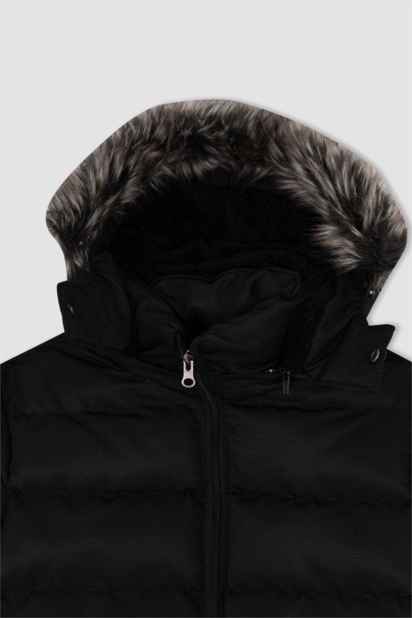 Erkek Çocuk - Genç Erkek Siyah Kapüşonlu Pelüş Astar Parka Erkek Çocuk