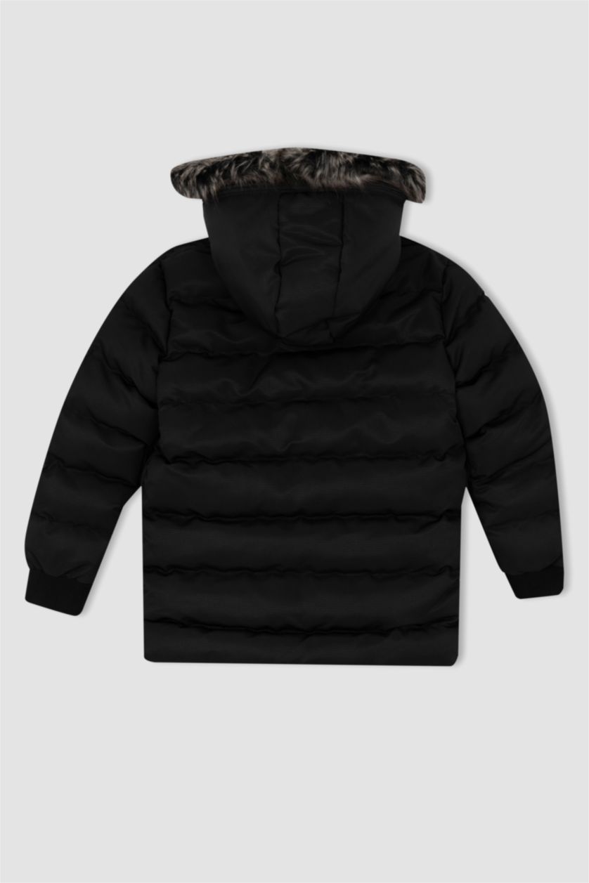Erkek Çocuk - Genç Erkek Siyah Kapüşonlu Pelüş Astar Parka Erkek Çocuk
