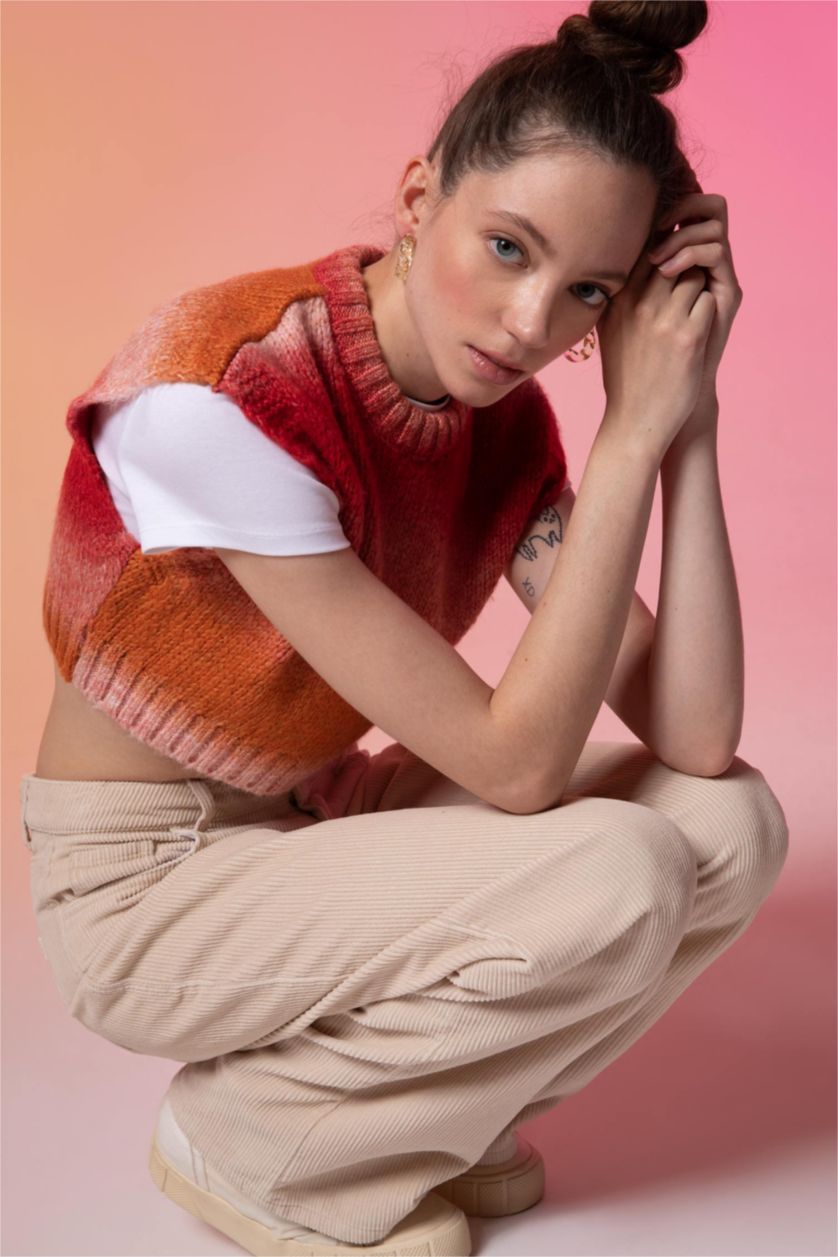 حريمي أحمر بلوفر كت قصة عادية برقبة مستديرة ملون