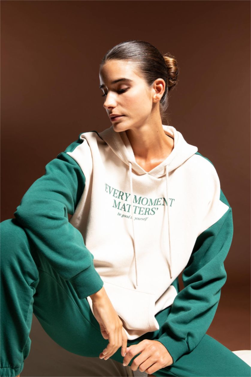 FEMME Vert Foncé Sweat- Shirt Coupe Oversize À capuche Slogan Manche Longue Kangaroo
