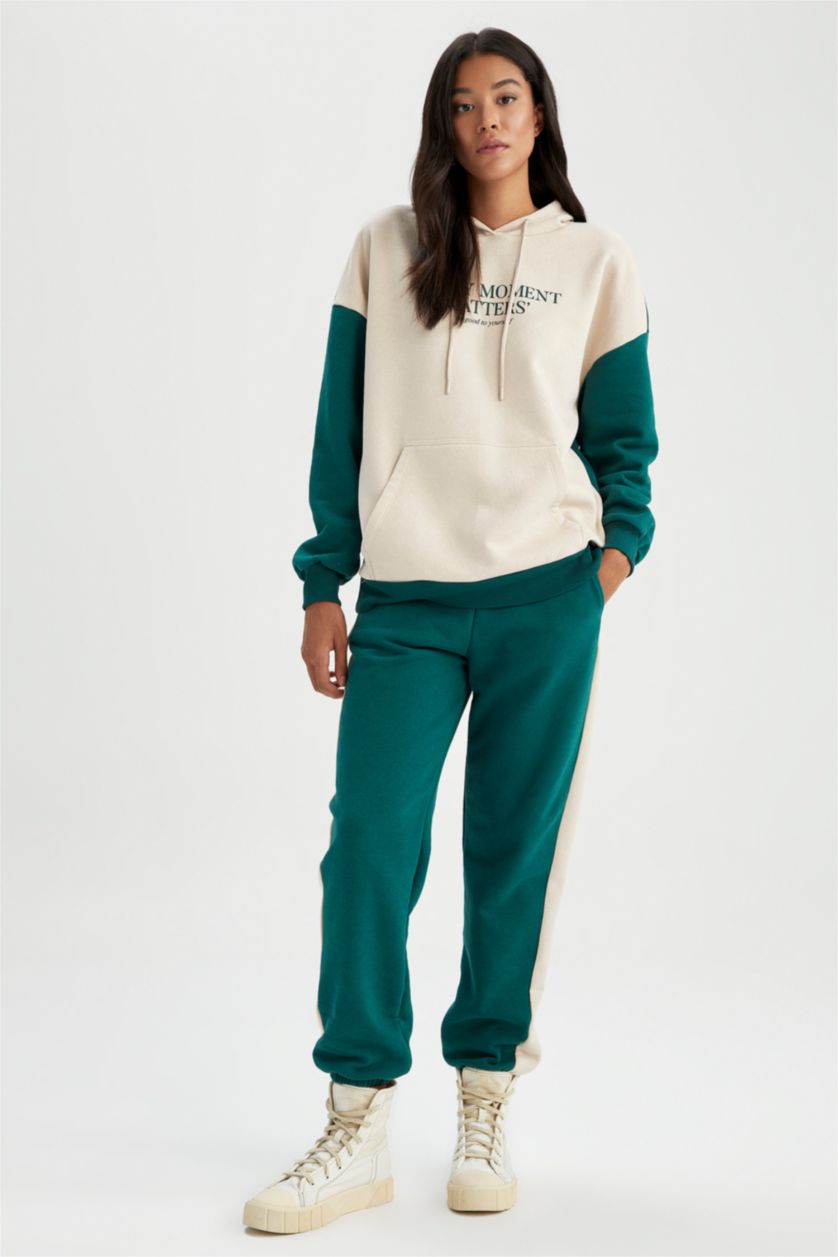FEMME Vert Foncé Sweat- Shirt Coupe Oversize À capuche Slogan Manche Longue Kangaroo