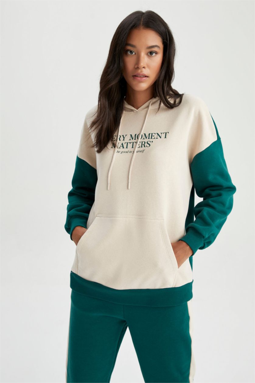 FEMME Vert Foncé Sweat- Shirt Coupe Oversize À capuche Slogan Manche Longue Kangaroo