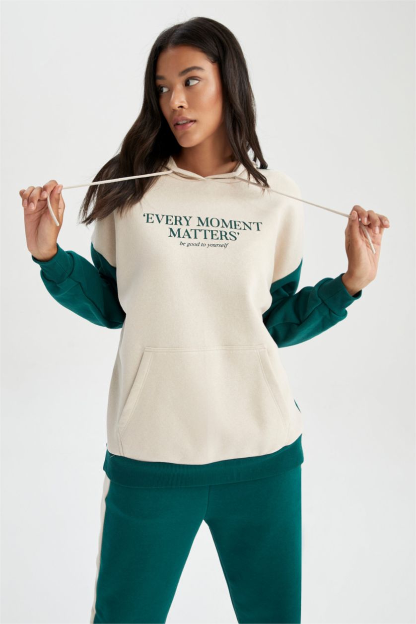 FEMME Vert Foncé Sweat- Shirt Coupe Oversize À capuche Slogan Manche Longue Kangaroo