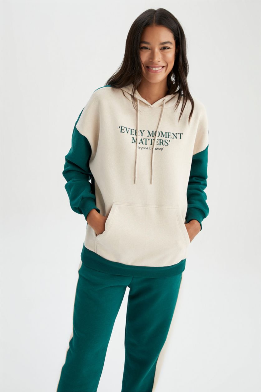 FEMME Vert Foncé Sweat- Shirt Coupe Oversize À capuche Slogan Manche Longue Kangaroo
