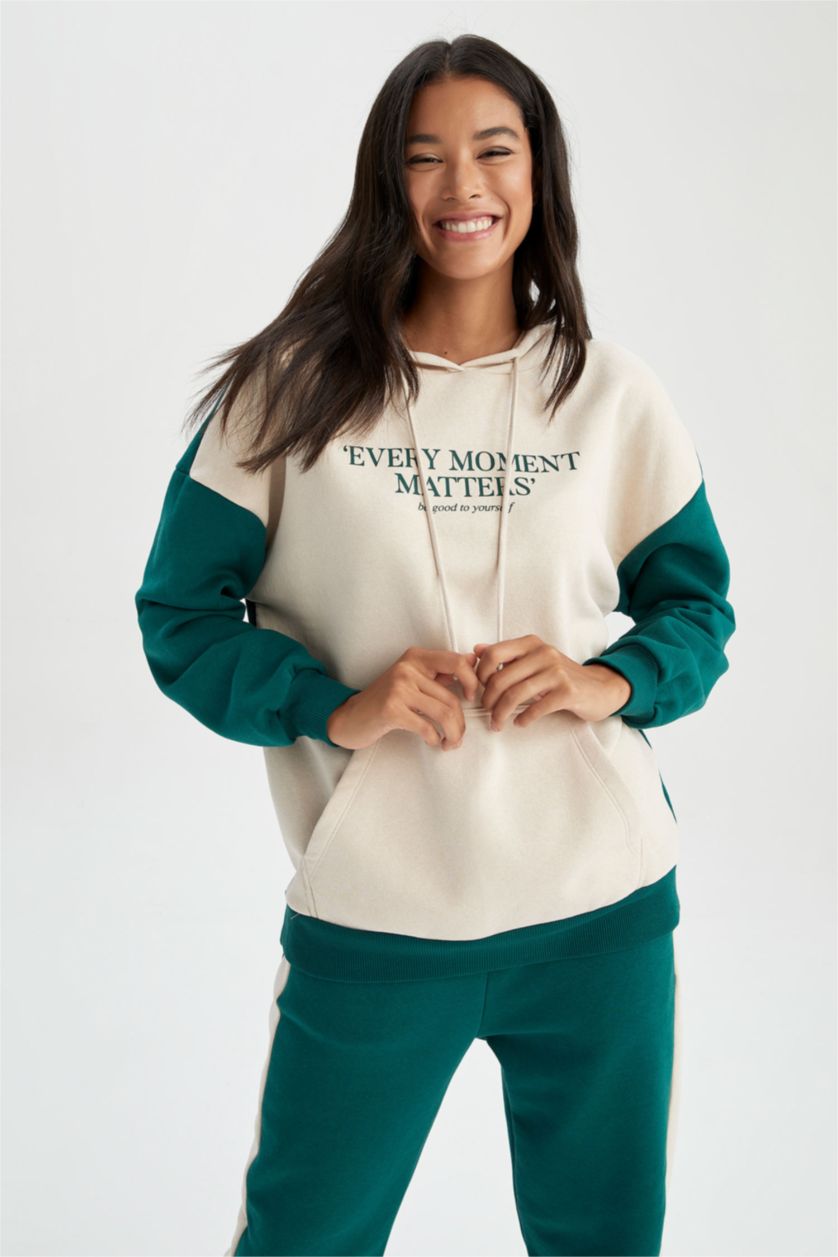 FEMME Vert Foncé Sweat- Shirt Coupe Oversize À capuche Slogan Manche Longue Kangaroo
