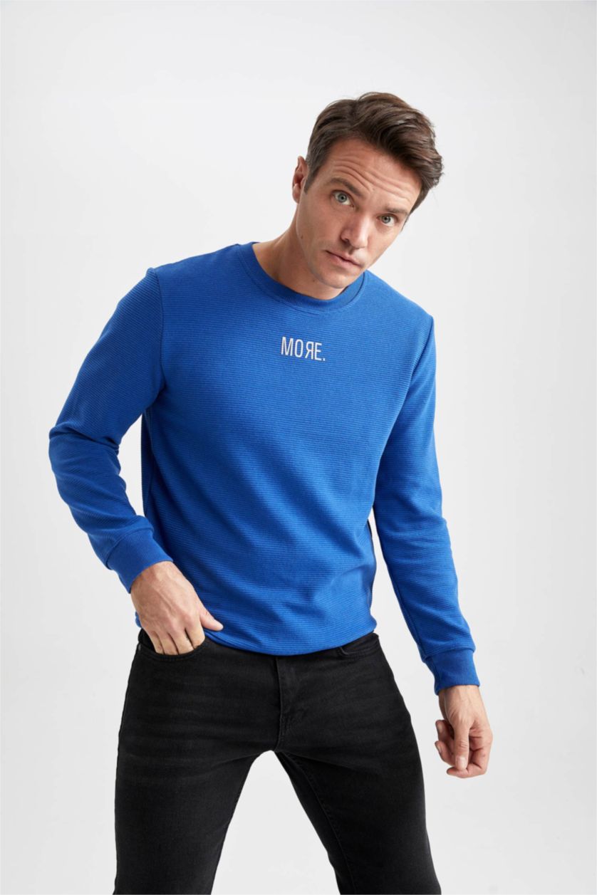 HOMME Bleu Sweat- Shirt Coupe slim raccourcie Col rond Imprimé Manche Longue
