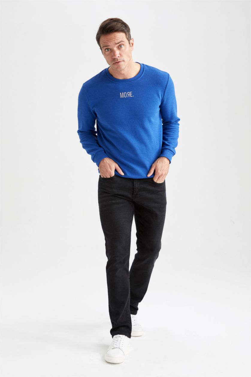 HOMME Bleu Sweat- Shirt Coupe slim raccourcie Col rond Imprimé Manche Longue