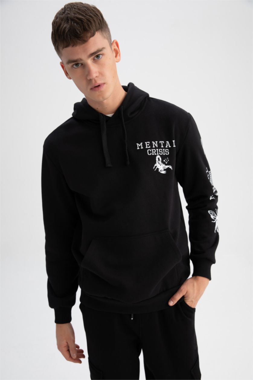 HOMME Noir Sweat à capuche durable, imprimé dans le dos doux et moelleux coupe régulière