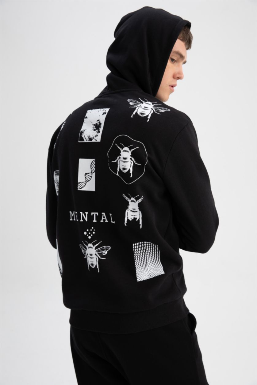 HOMME Noir Sweat à capuche durable, imprimé dans le dos doux et moelleux coupe régulière