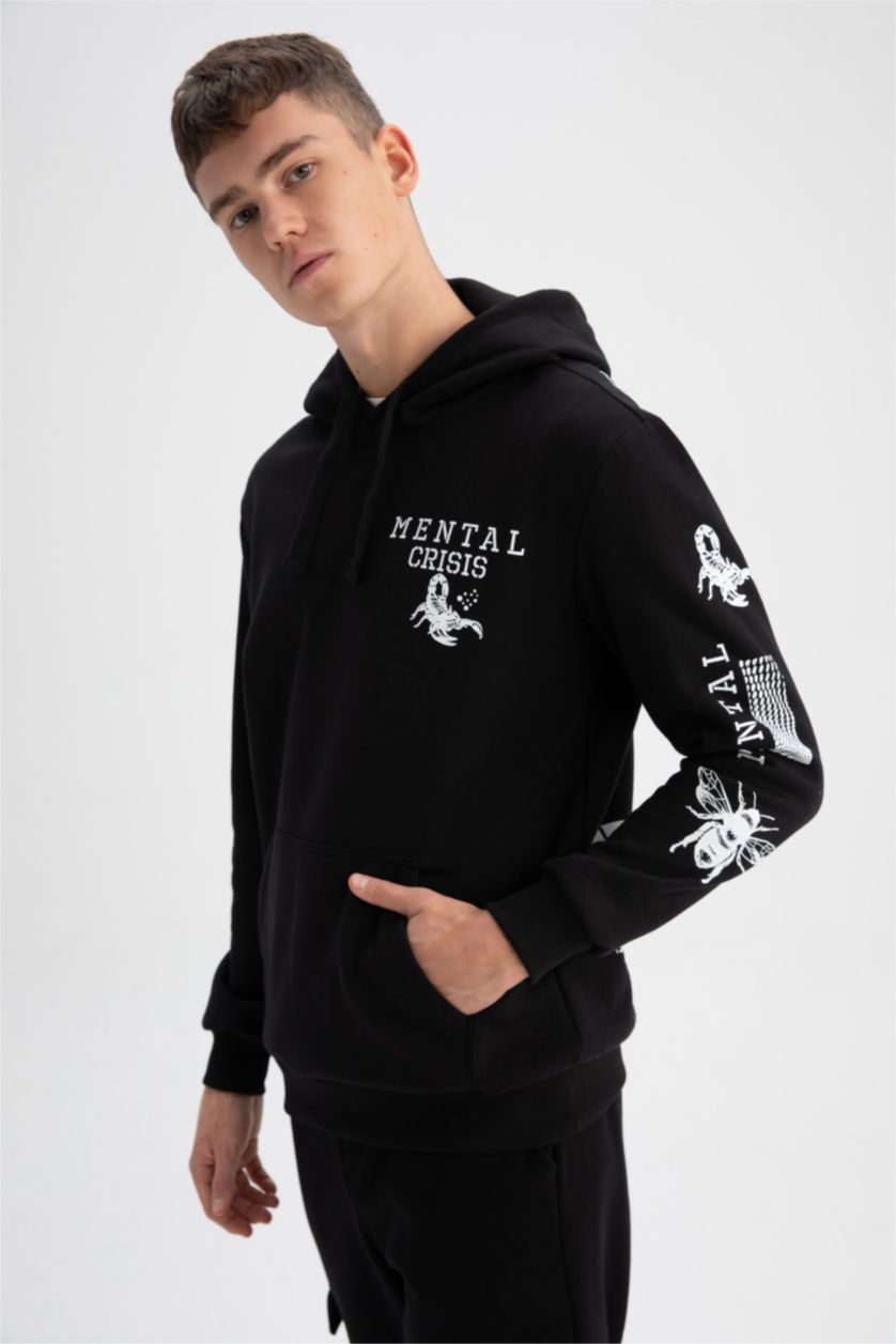 HOMME Noir Sweat à capuche durable, imprimé dans le dos doux et moelleux coupe régulière