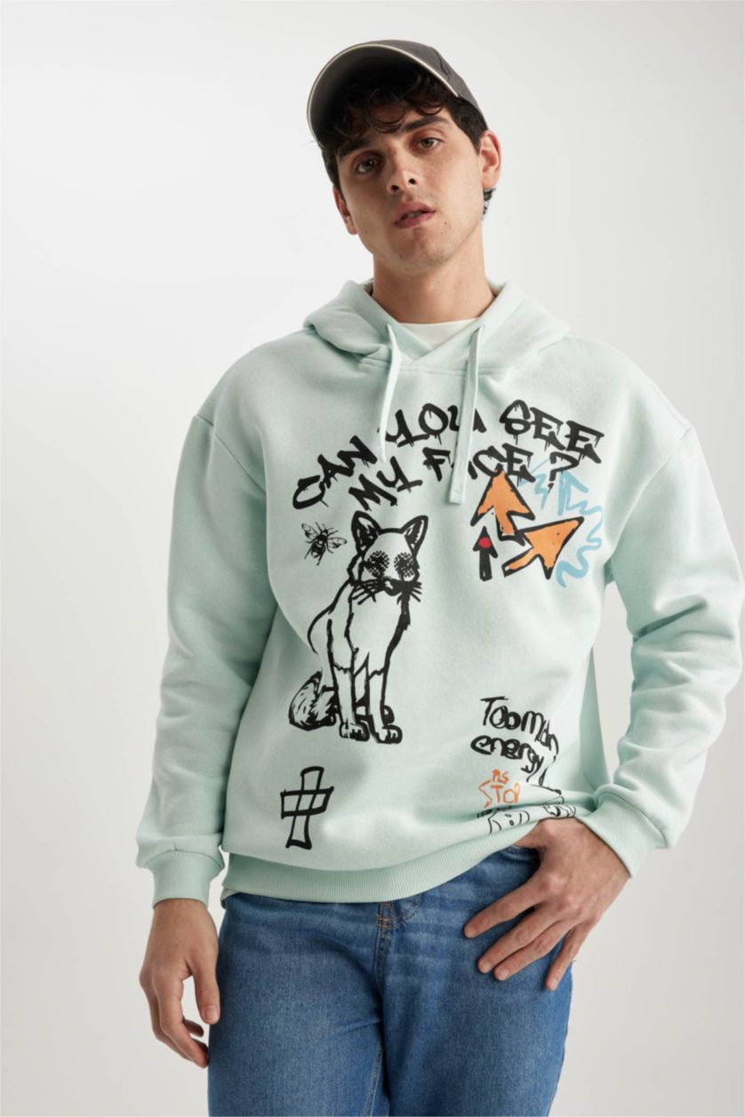 رجال أزرق فاتح سويت شيرت مطبوع أوفر سايز بغطاء للرأس