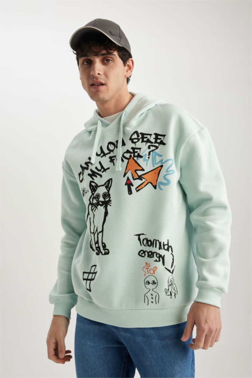 رجال أزرق فاتح سويت شيرت مطبوع أوفر سايز بغطاء للرأس