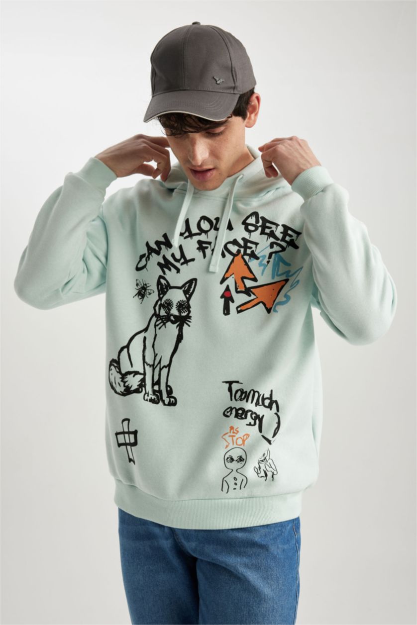 رجال أزرق فاتح سويت شيرت مطبوع أوفر سايز بغطاء للرأس