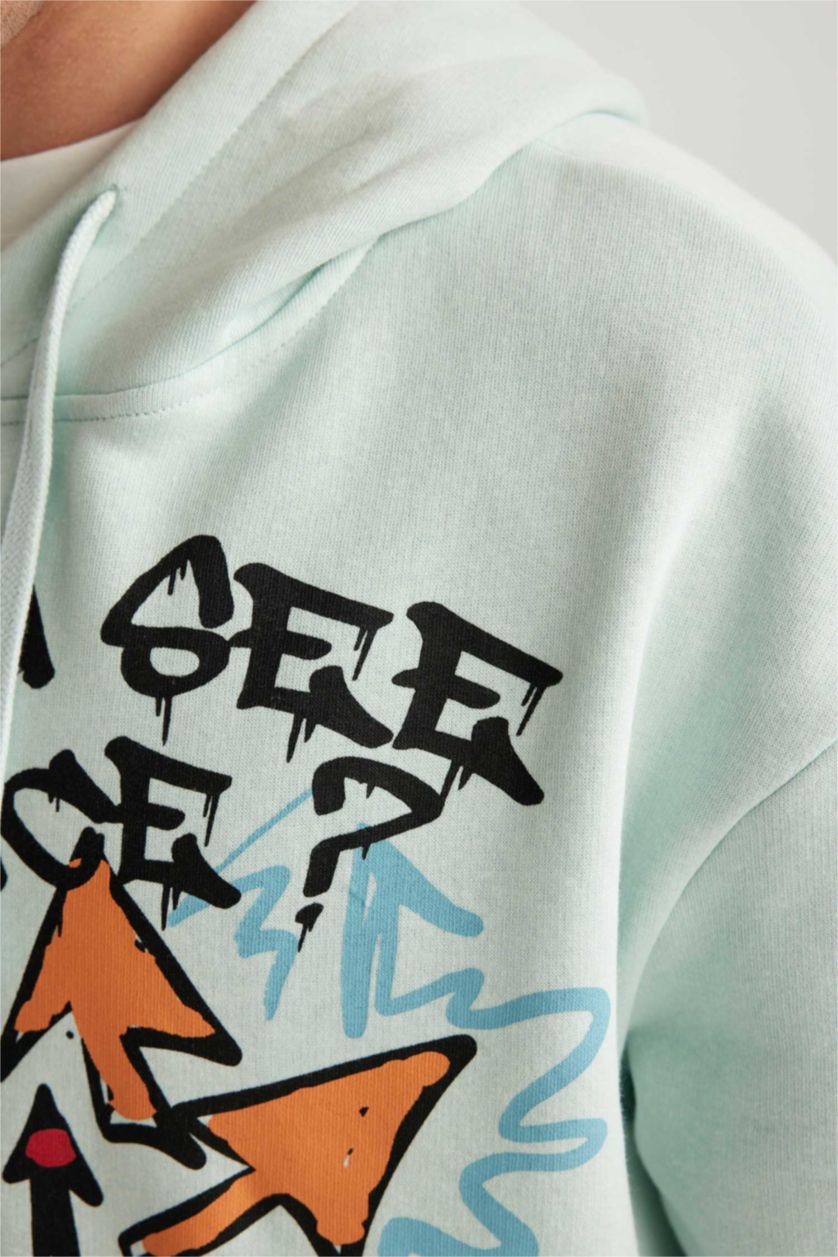 رجال أزرق فاتح سويت شيرت مطبوع أوفر سايز بغطاء للرأس