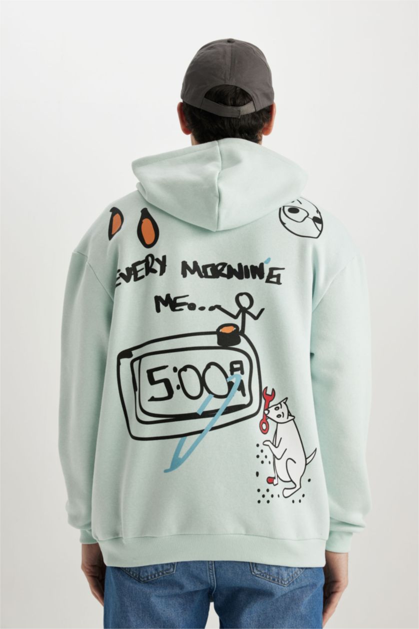 رجال أزرق فاتح سويت شيرت مطبوع أوفر سايز بغطاء للرأس