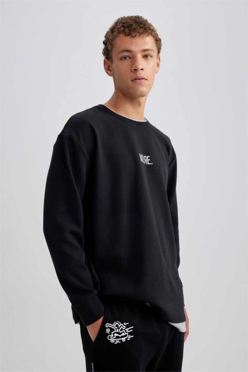Man Black Oversize Fit Printed Long Sleeve Sweatshirt
