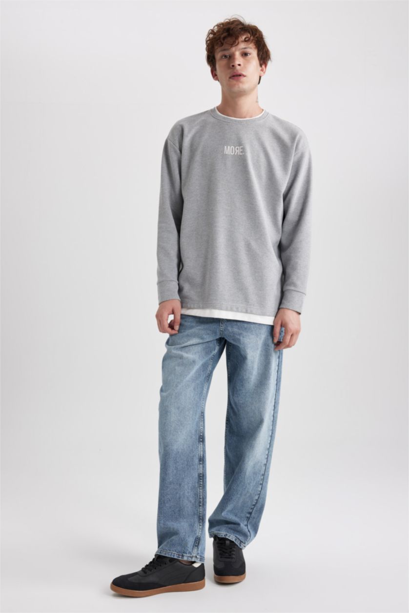 Чоловічий Сірий меланж Світшот оверсайз з круглим вирізом з принтом для чоловіків