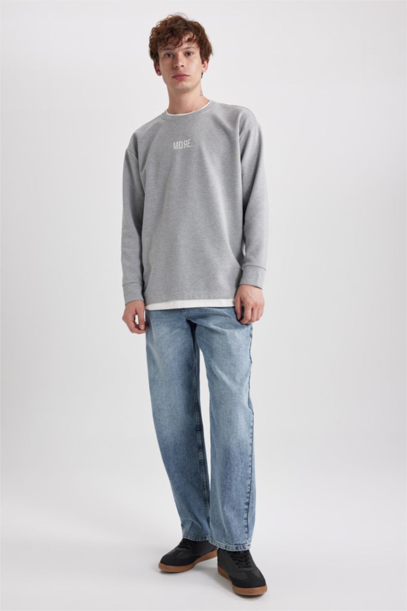 Чоловічий Сірий меланж Світшот оверсайз з круглим вирізом з принтом для чоловіків