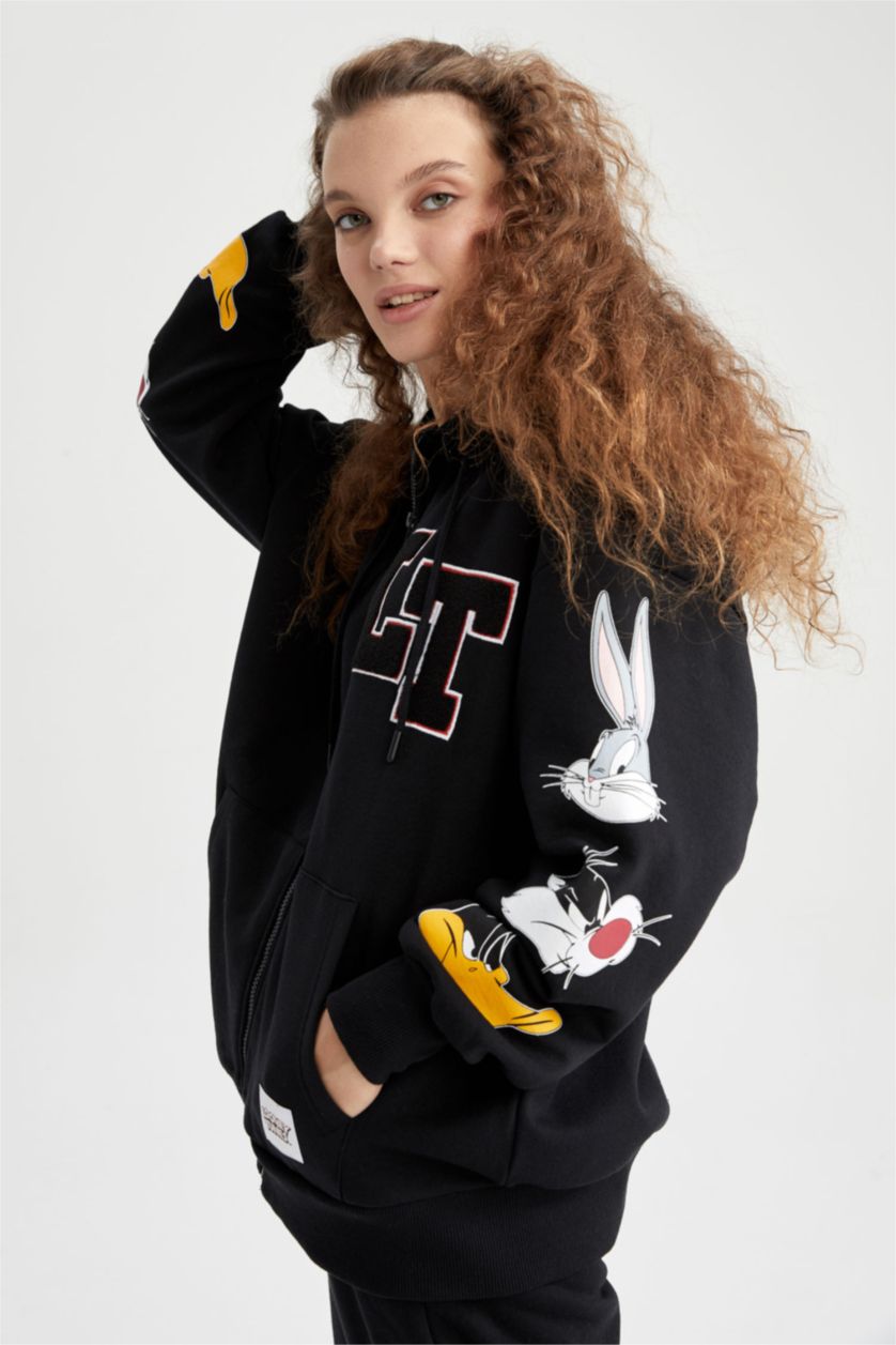 WOMAN Black Oversize Fit Printed Thick Sweatshirt Fabric Looney Tunes Licensed Cardigan