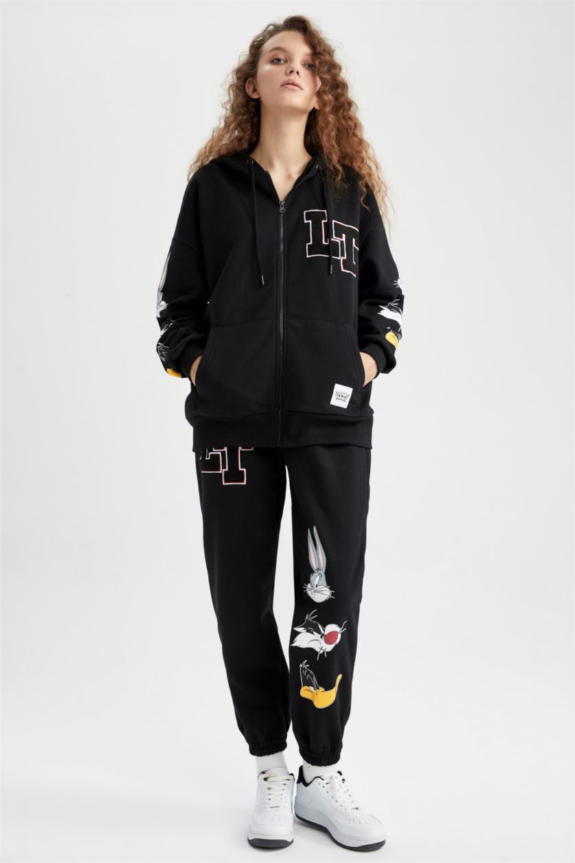 WOMAN Black Oversize Fit Printed Thick Sweatshirt Fabric Looney Tunes Licensed Cardigan