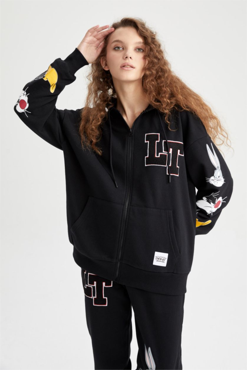 WOMAN Black Oversize Fit Printed Thick Sweatshirt Fabric Looney Tunes Licensed Cardigan