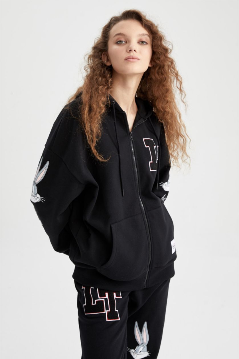 WOMAN Black Oversize Fit Printed Thick Sweatshirt Fabric Looney Tunes Licensed Cardigan