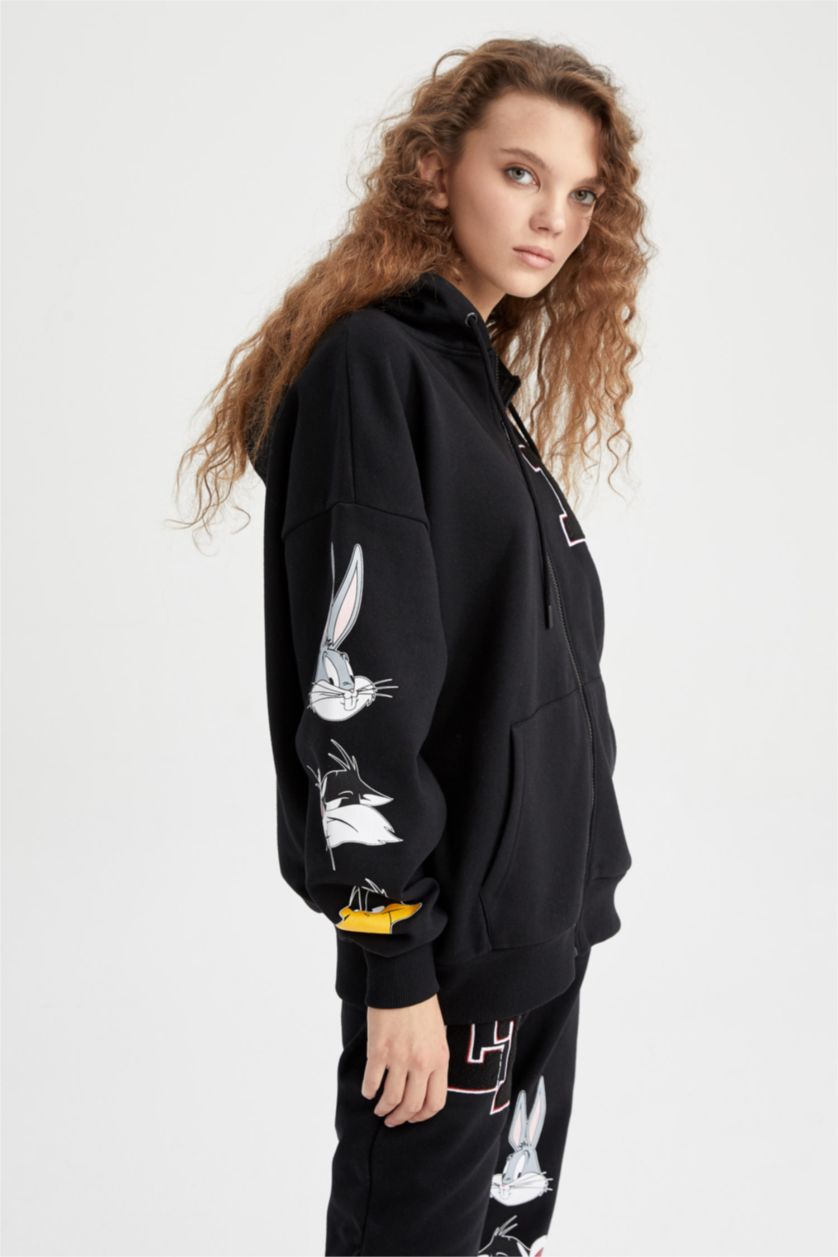 WOMAN Black Oversize Fit Printed Thick Sweatshirt Fabric Looney Tunes Licensed Cardigan