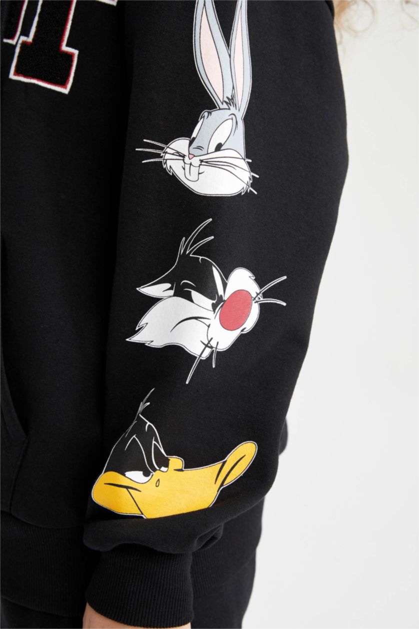 WOMAN Black Oversize Fit Printed Thick Sweatshirt Fabric Looney Tunes Licensed Cardigan