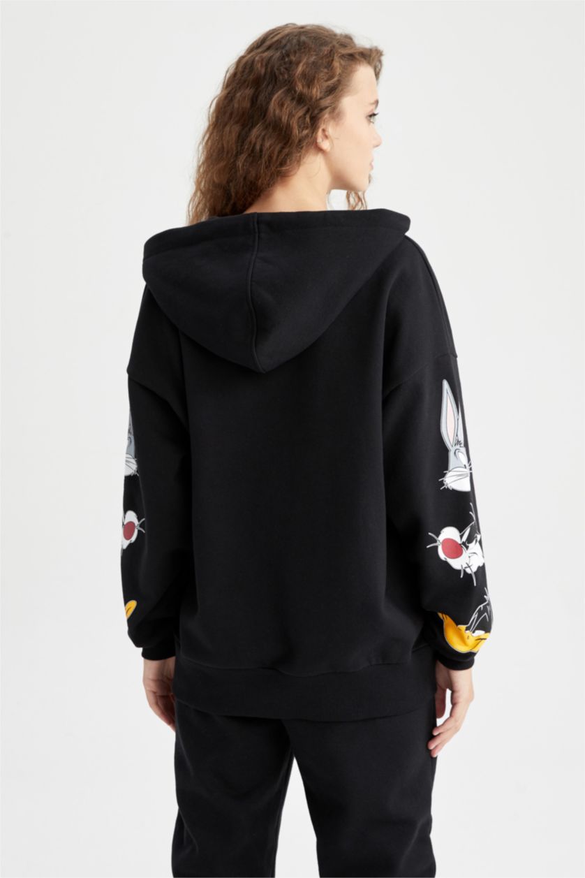 WOMAN Black Oversize Fit Printed Thick Sweatshirt Fabric Looney Tunes Licensed Cardigan