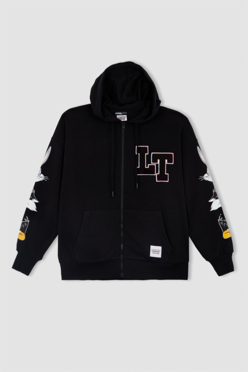 WOMAN Black Oversize Fit Printed Thick Sweatshirt Fabric Looney Tunes Licensed Cardigan