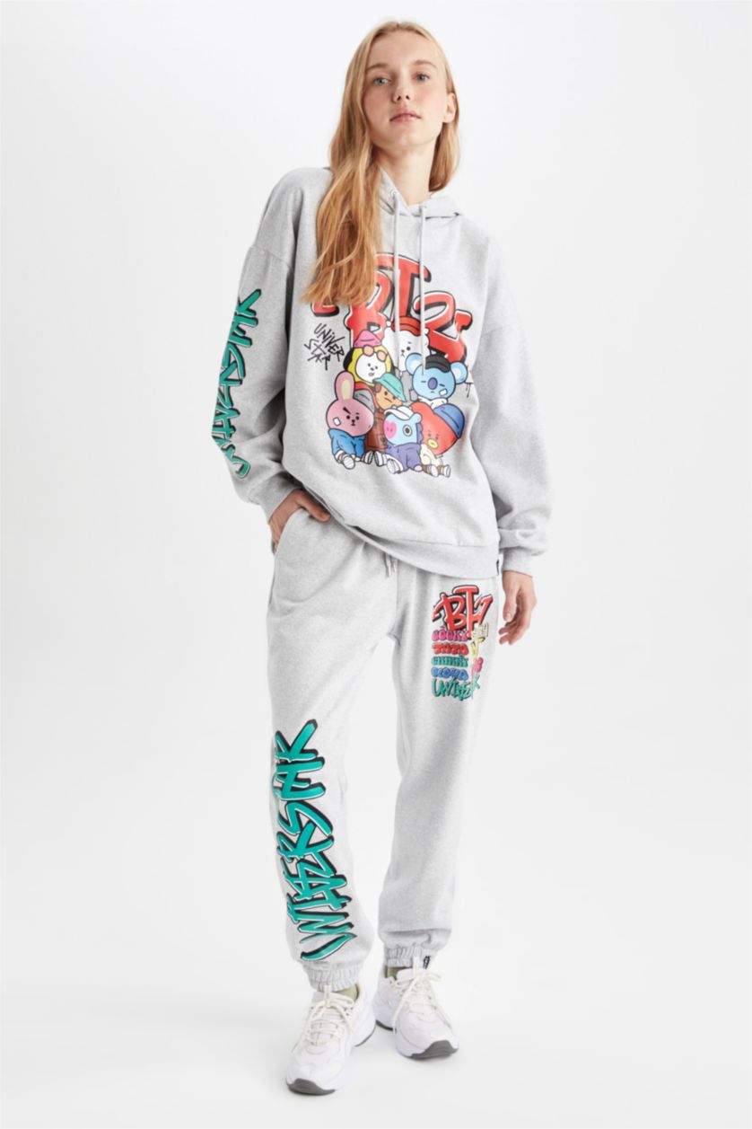 WOMAN Grey Melange Loose Fit BT21 Licensed Printed Thick Sweatshirt Fabric Trousers